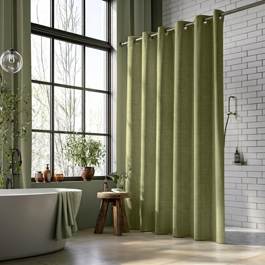 Olive Green Linen Hookless Shower Curtain in a Modern Bathroom with White Tile Walls