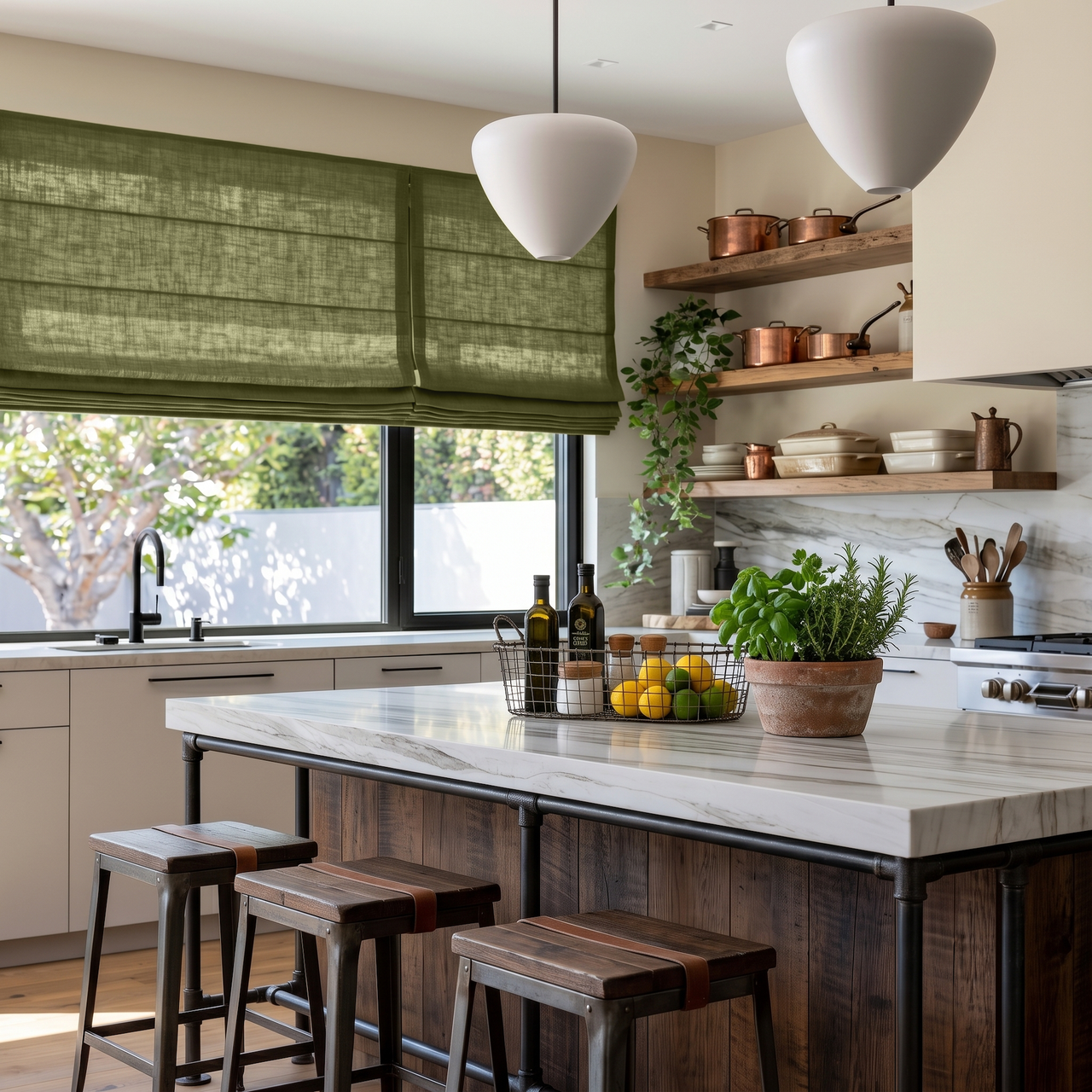 Olive Green Linen Roman Shades in a Contemporary Kitchen with Beige Cabinetry - Cotton Lining