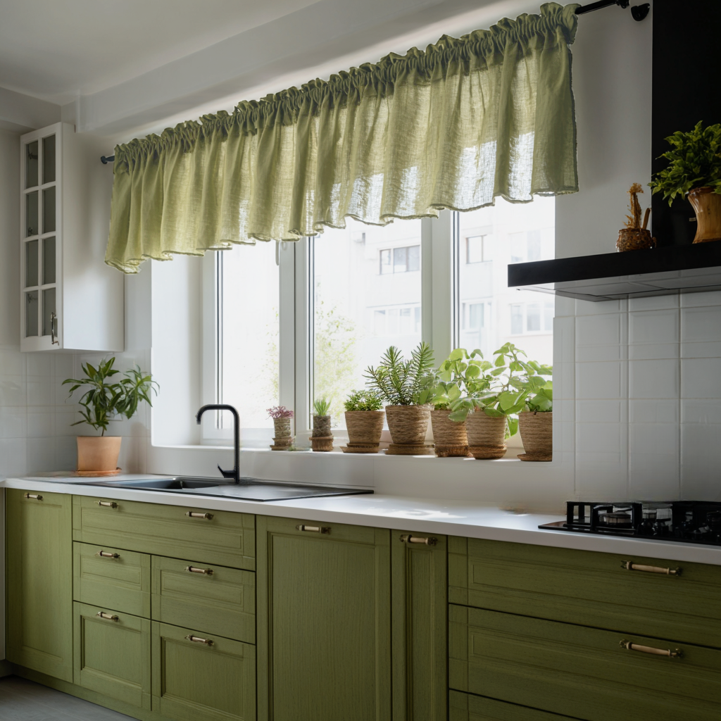 Olive Green Linen Kitchen Valance