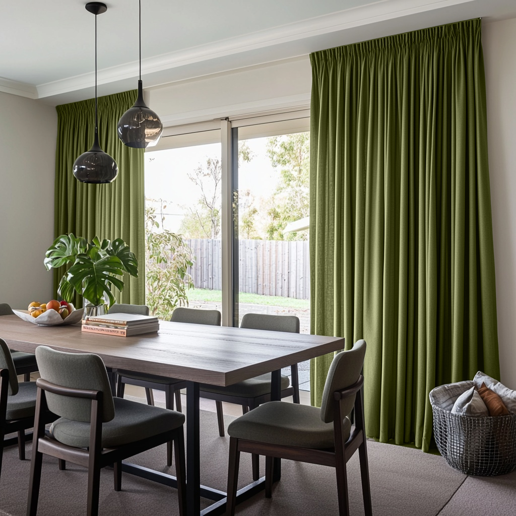 Olive Green Linen Pencil Pleat Curtains for Sliding Doors in a Dining Room with White Walls - Cotton Lining