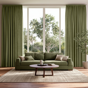 Olive Green Linen Pencil Pleat Extra Long Curtains in a Transitional Living Room with Green Sofa, Round Wooden Coffee Table and Beige Rug