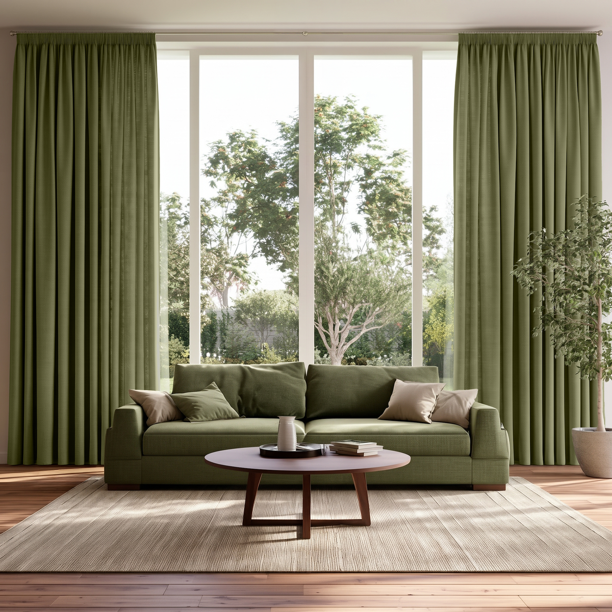 Olive Green Linen Pencil Pleat Extra Long Curtains in a Transitional Living Room with Green Sofa, Round Wooden Coffee Table and Beige Rug