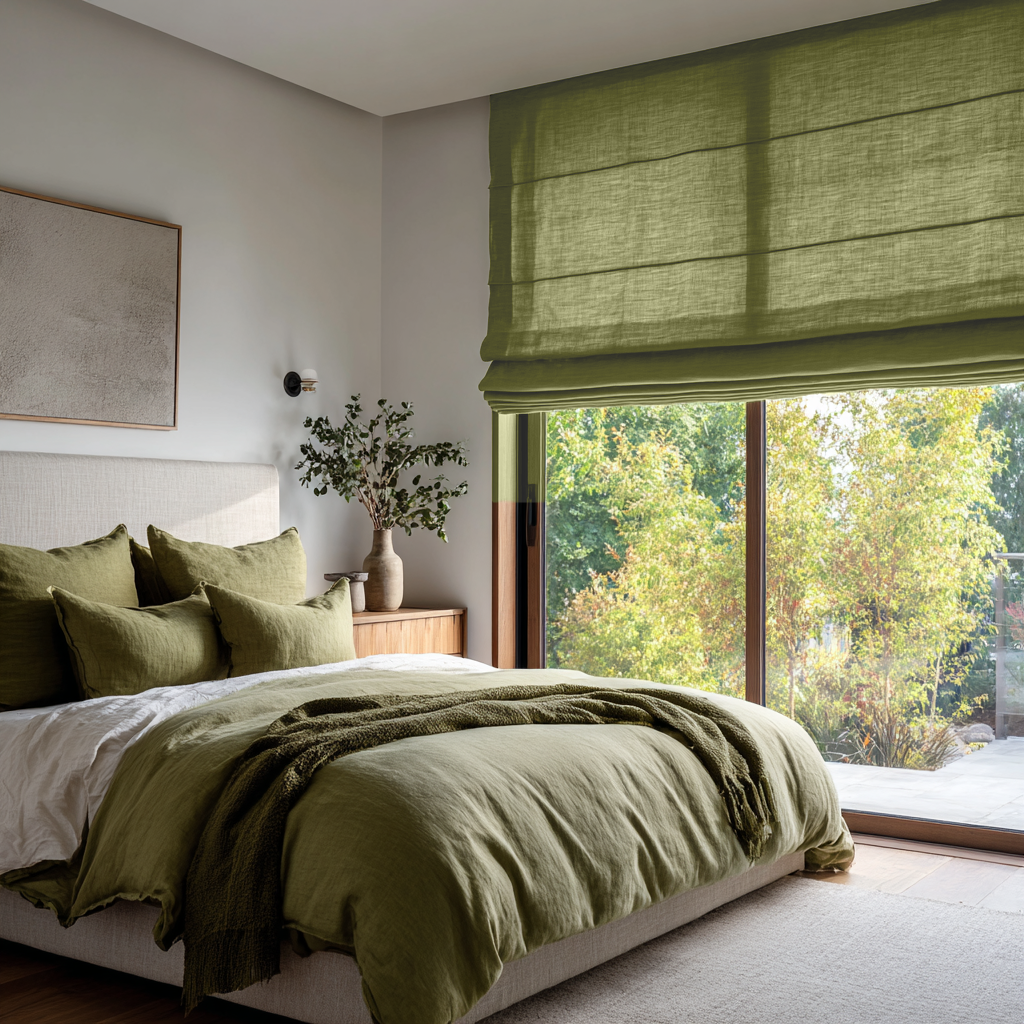 Olive Green Linen Roman Shades