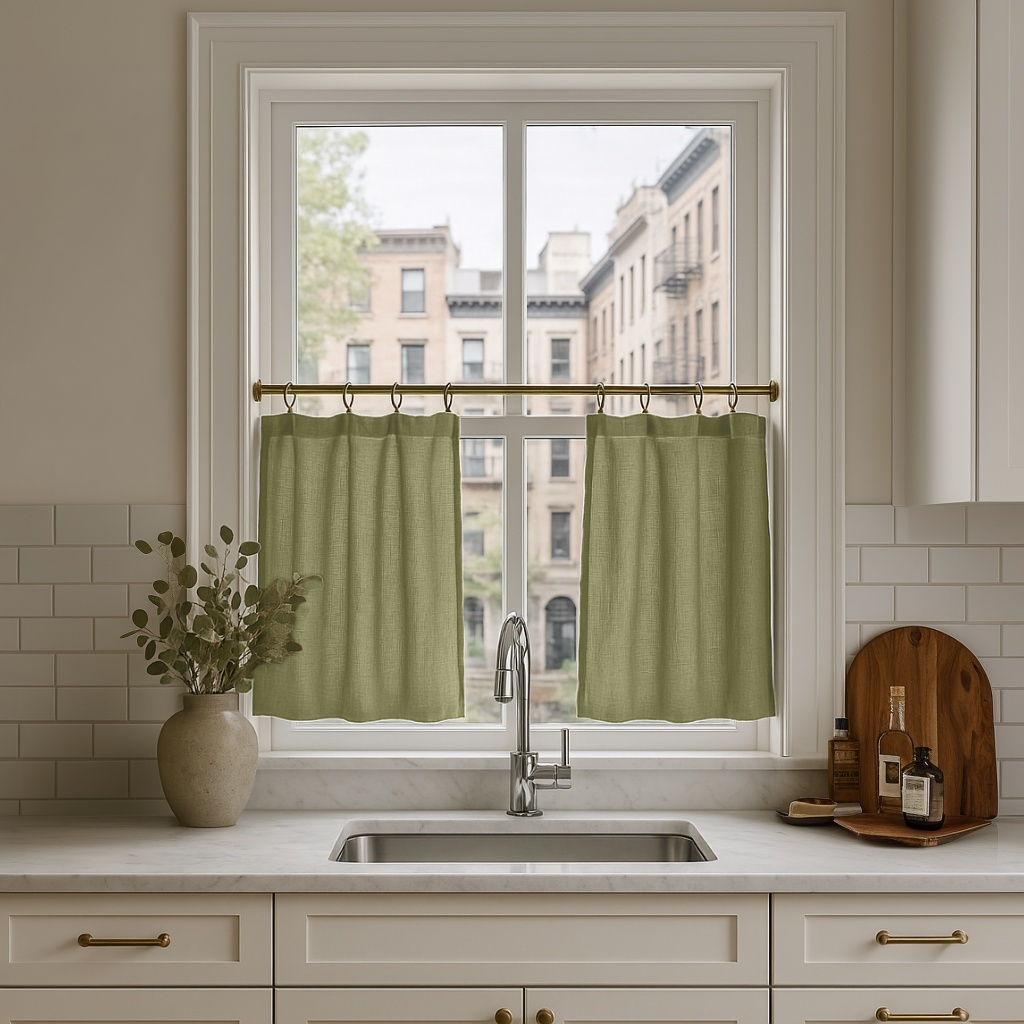 Olive Green Linen Kitchen Cafe Curtains