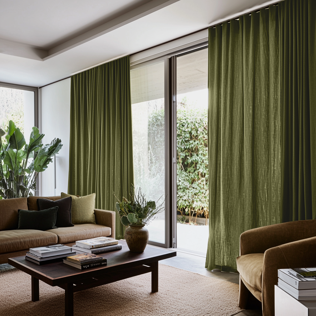 Olive Green Linen S-Fold Curtains for Sliding Doors in a Living Room with White Walls