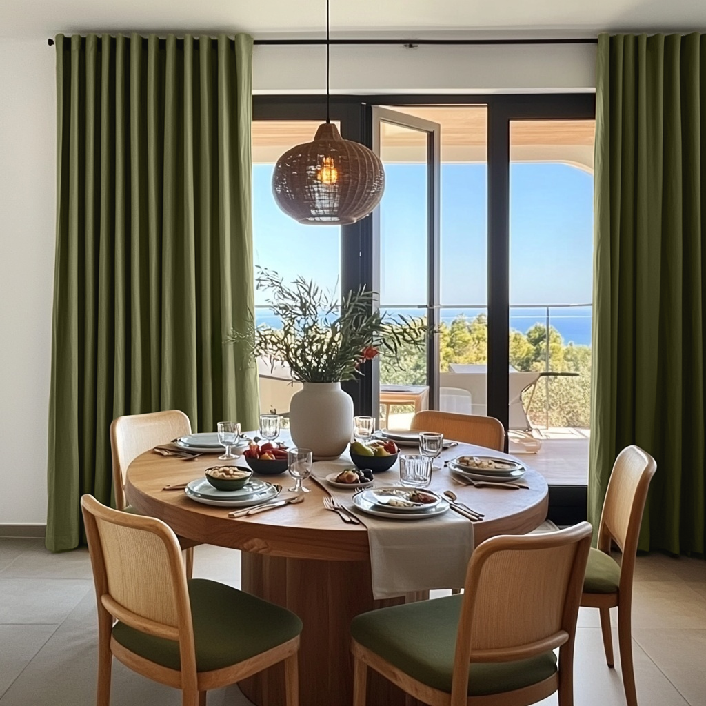Olive Green Linen Thermal Curtains with Multitape