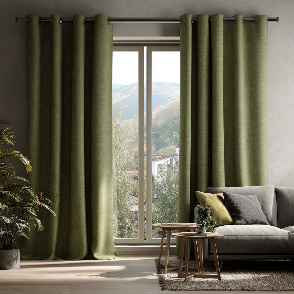 Olive Green Linen Thermal Grommet Curtains