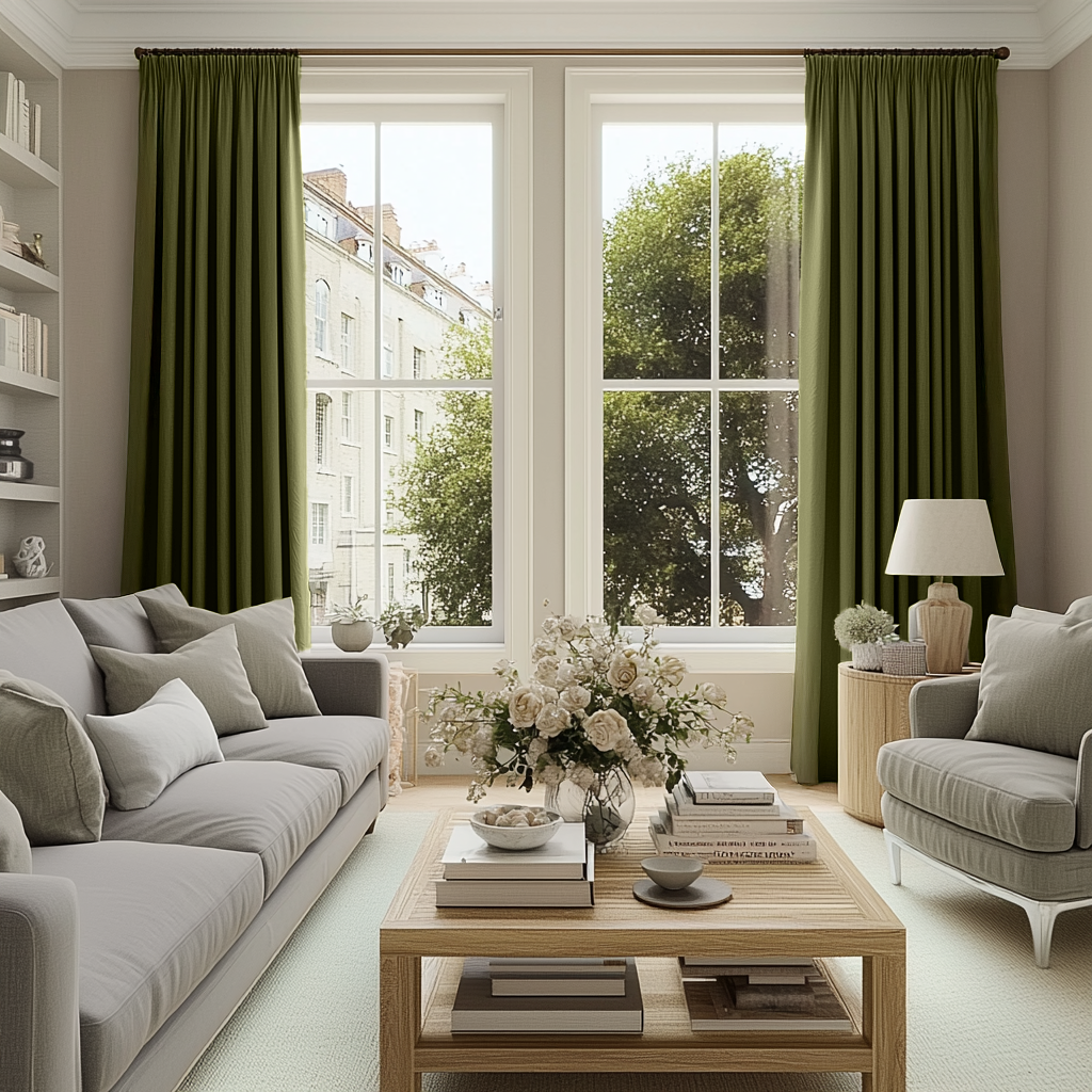 Olive Green Linen Thermal Pencil Pleat Curtains