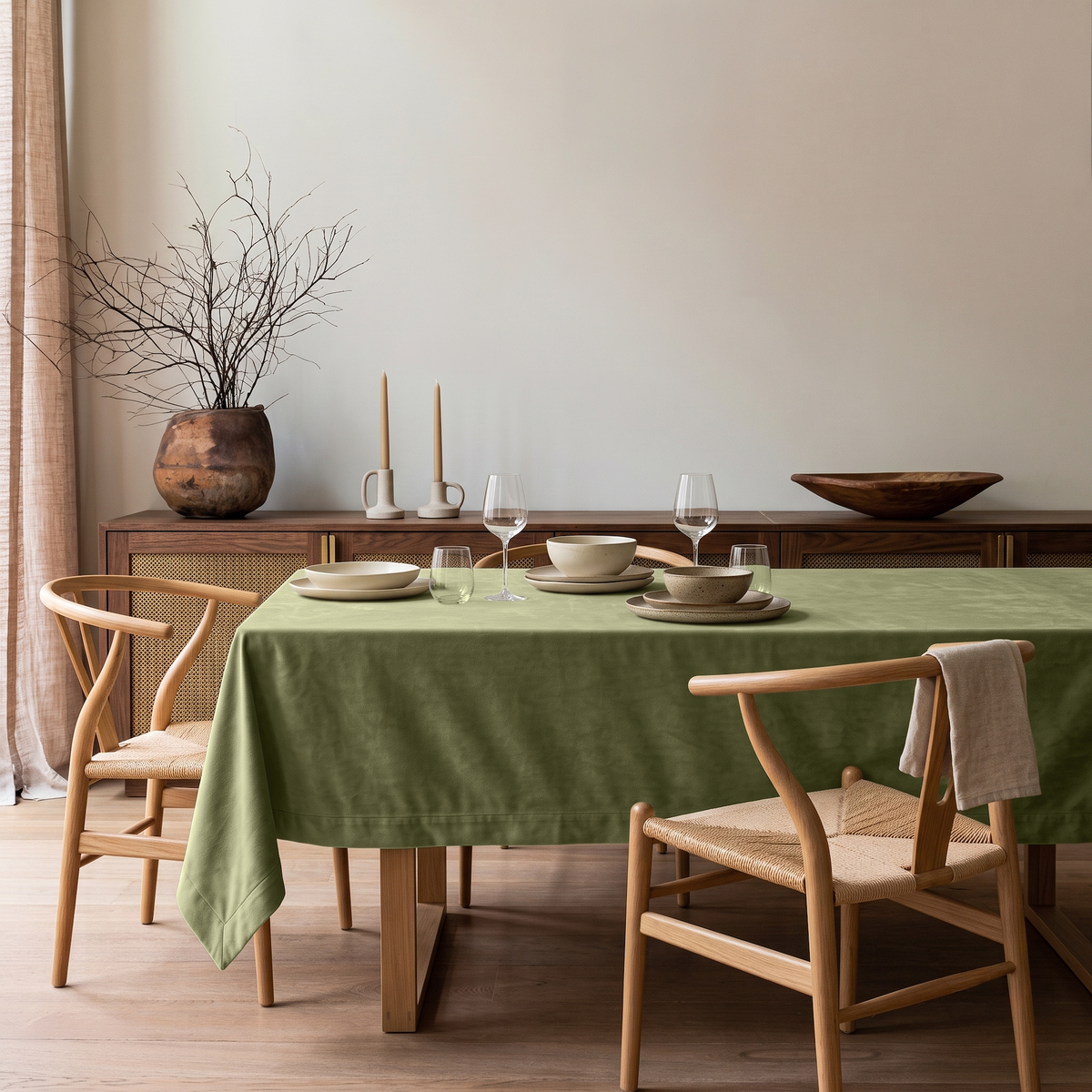 Olive Green Rectangular Velvet Tablecloth in a Scandinavian Dining Room with Wishbone Chairs and Walnut Sideboard