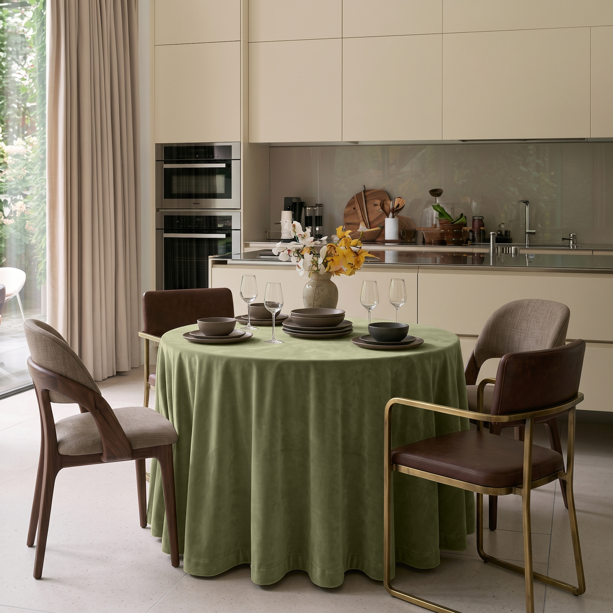 Olive Green Round Velvet Tablecloth in a Modern Kitchen with Cream Cabinets and Brass Accents