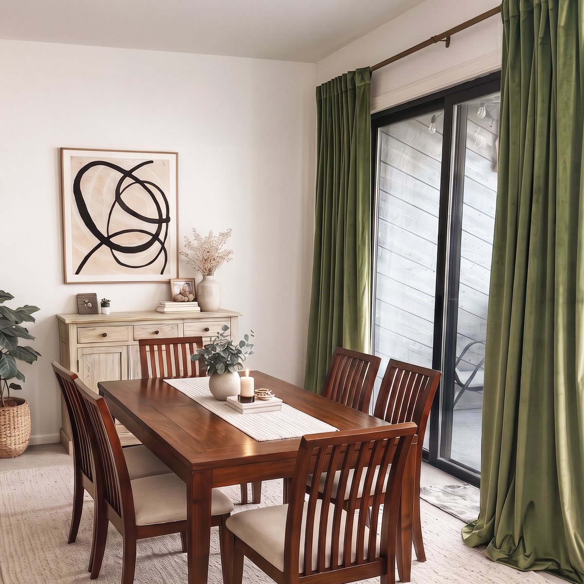 A cozy modern dining room with olive-green curtains, a warm wooden table, matching chairs, minimalist artwork, a light sideboard, and subtle natural décor