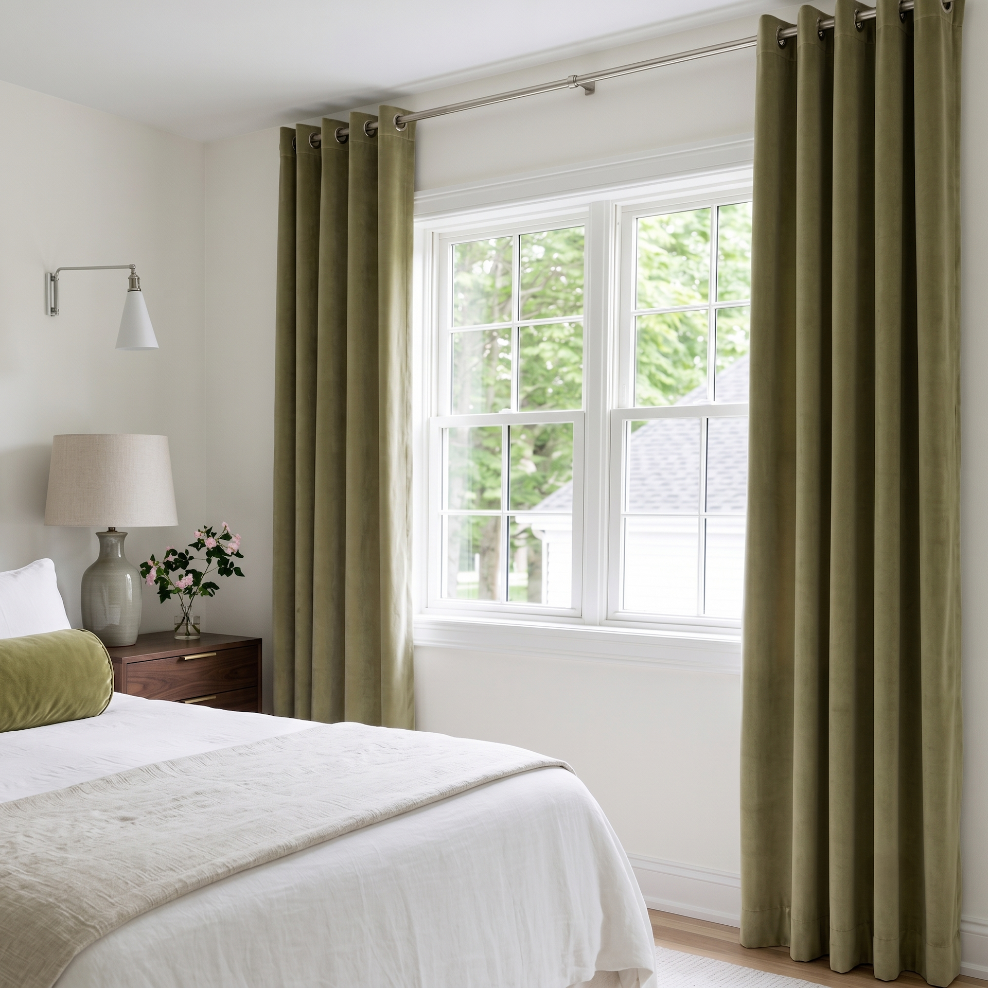 Olive Green Velvet Grommet Curtains in a Minimal Bedroom with White Walls