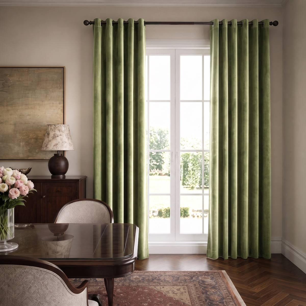 An elegant traditional dining room with soft green curtains, French doors overlooking a garden, a polished dark-wood table, upholstered chairs, fresh roses, and a classic table lamp
