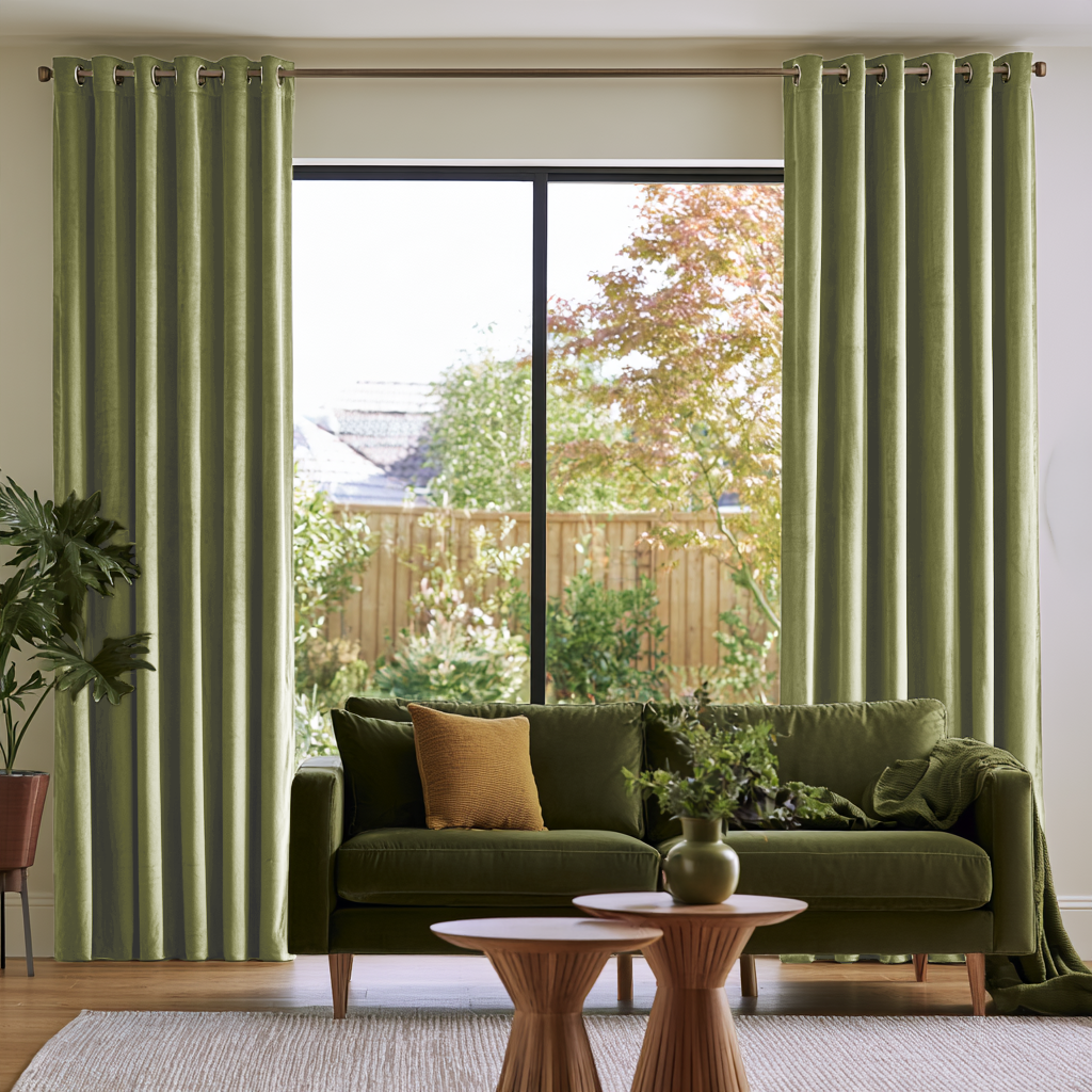 Olive Green Velvet Grommet Extra Long Curtains in a Contemporary Living Room with Green Sofa, Wooden Coffee Table, and a View of a Backyard Garden