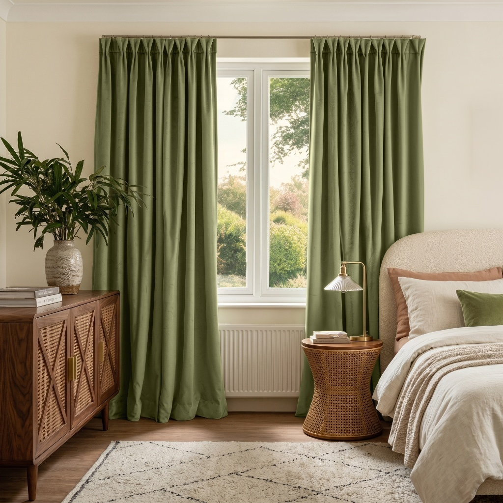 Olive Green Velvet Pinch Pleat Curtains in a Cozy Bedroom with Cream Bedding and Walnut Furniture