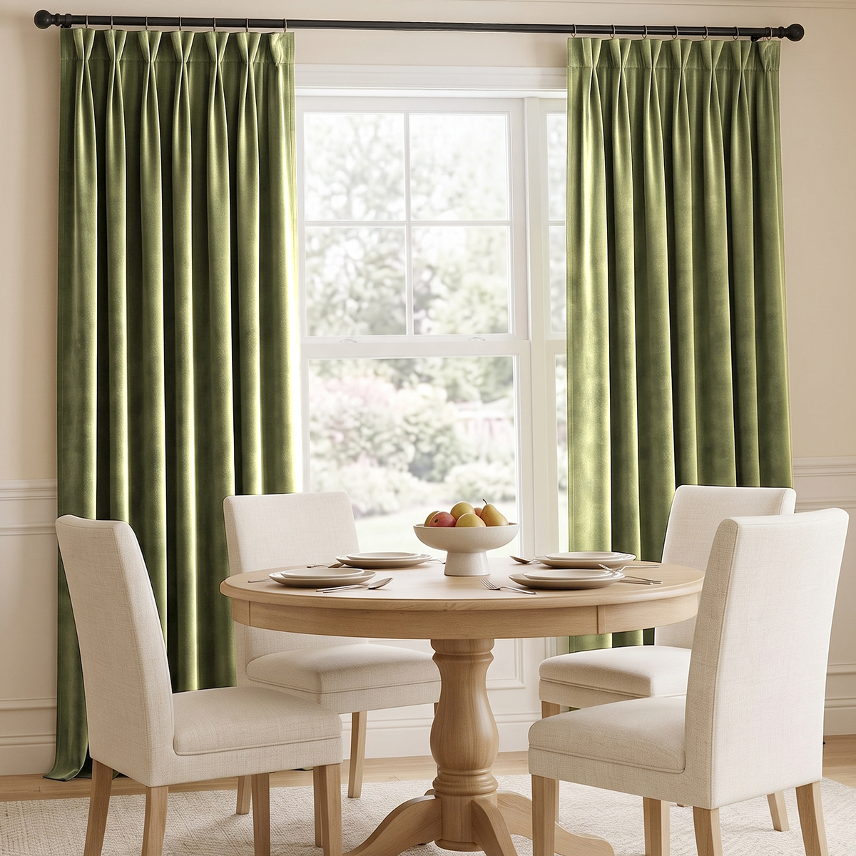 A bright elegant dining room with soft olive-green curtains, a round light-wood table, cream upholstered chairs, simple tableware, and a decorative fruit bowl