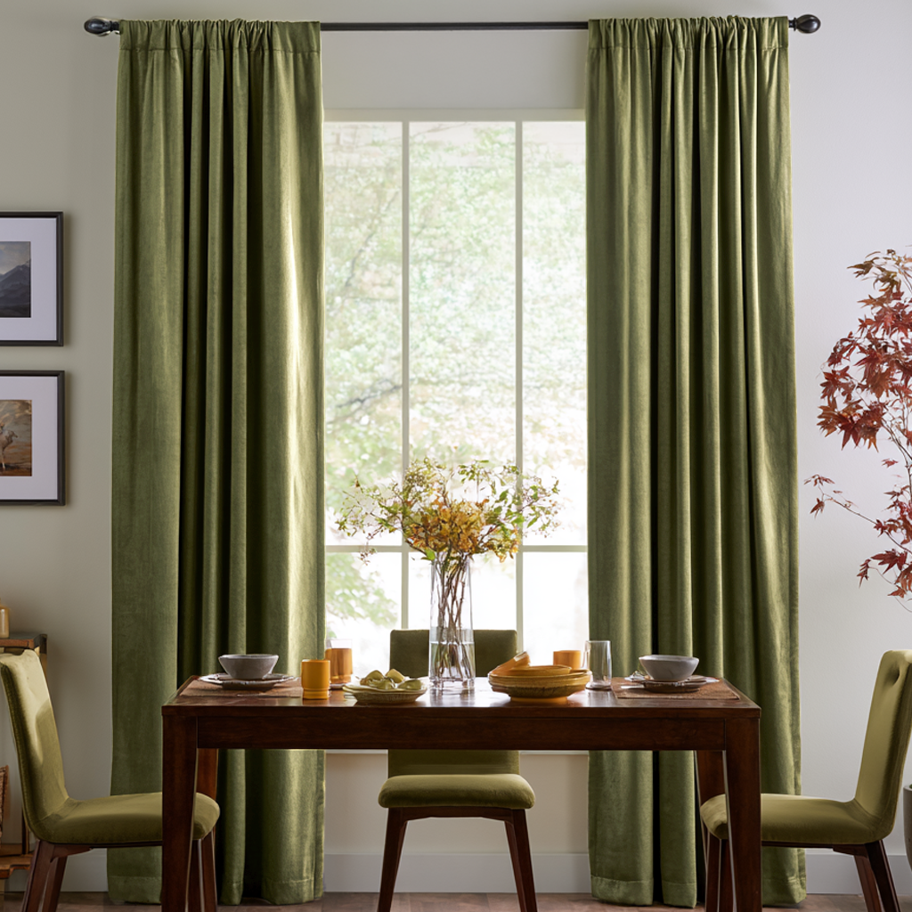 A bright dining room with floor-length olive-green curtains, a wooden table, matching green chairs, simple tableware, and a glass vase filled with delicate autumn branches