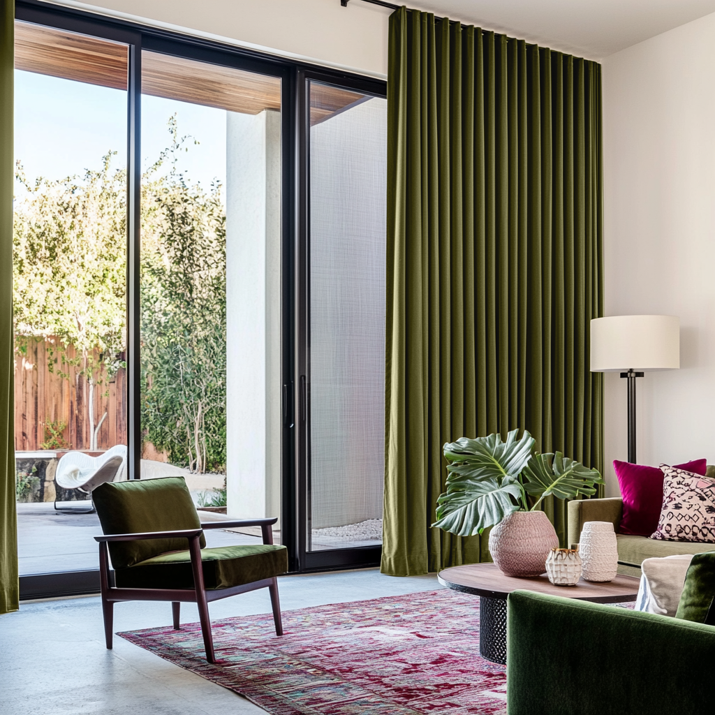 Olive Green Velvet S-Fold Blackout Curtains for Sliding Doors in a Living Room with Warm White Walls