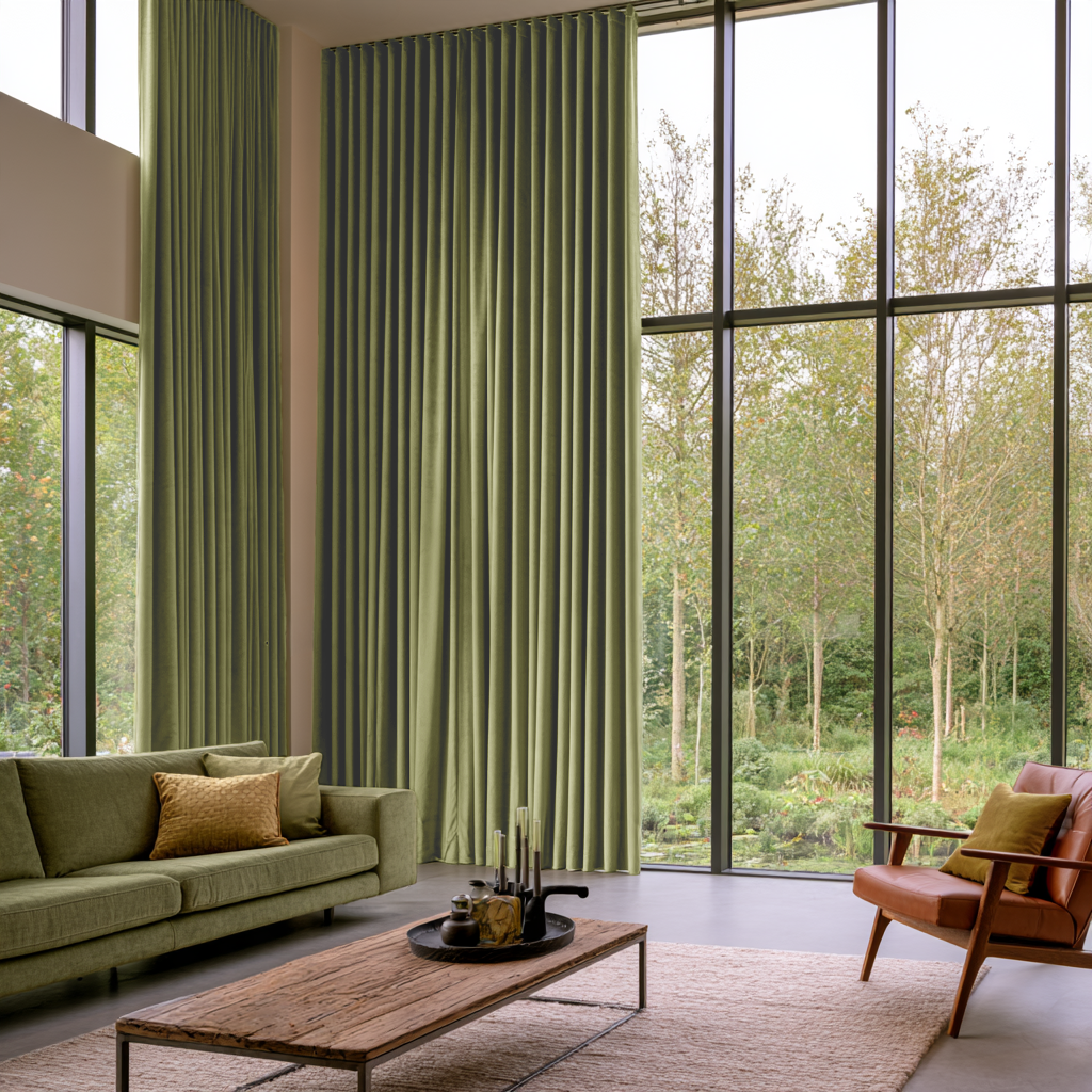 Olive Green Velvet S-Fold Extra Long Curtains in a Modern Living Room with Double-Height Windows and Leather Accent Chair
