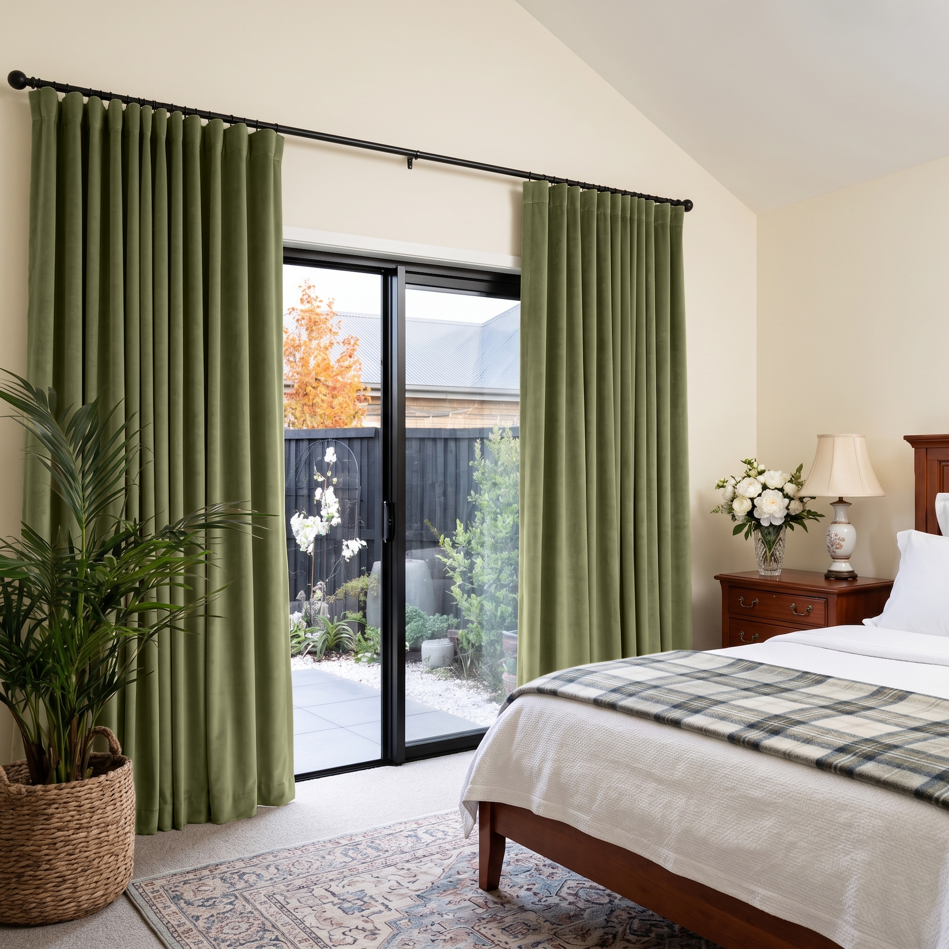 Olive Green Velvet S-Fold Sliding Patio Door Curtains in a Traditional Bedroom with White Bedding and Cherry Wood Furniture