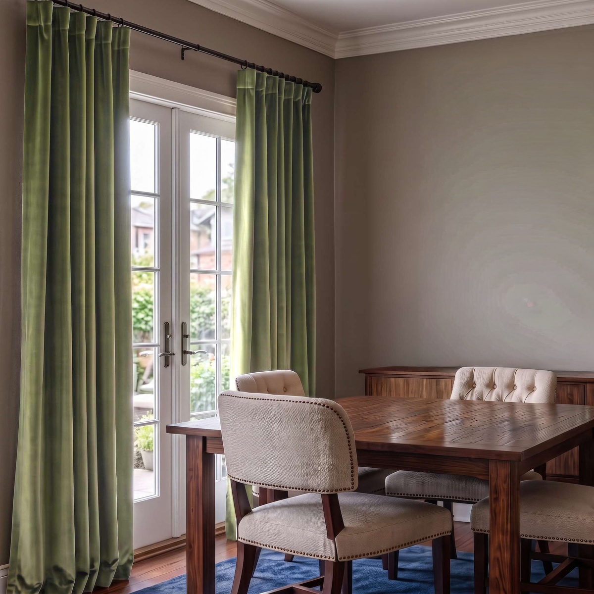 A sophisticated dining room with soft green curtains, French doors, a dark wooden table, upholstered chairs, neutral walls, and an elegant blue area rug