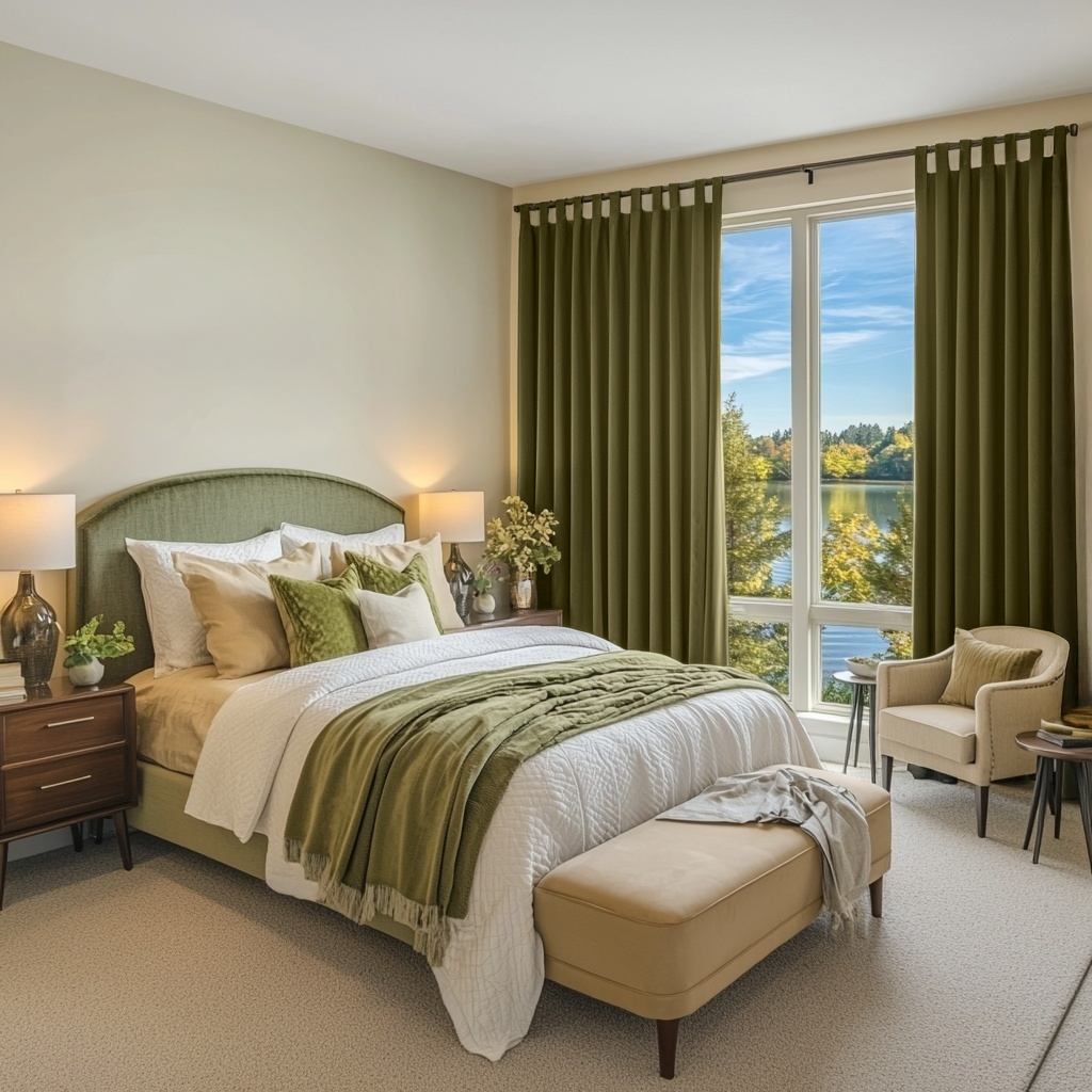 Olive Green Velvet Tab Top Blackout Curtains in a Bedroom with Cream Walls