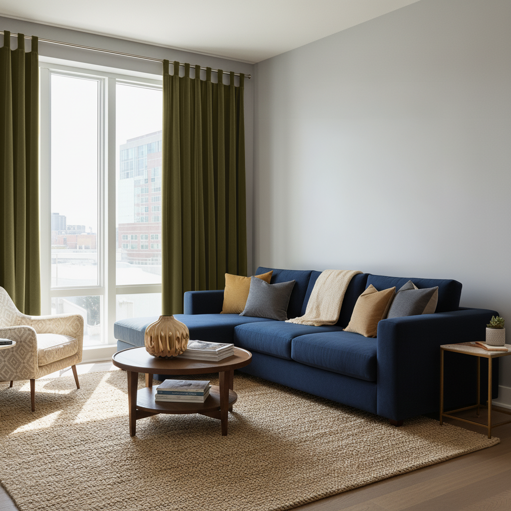 Olive Green Velvet Tab Top Blackout Curtains in a Living Room with Light Grey Walls