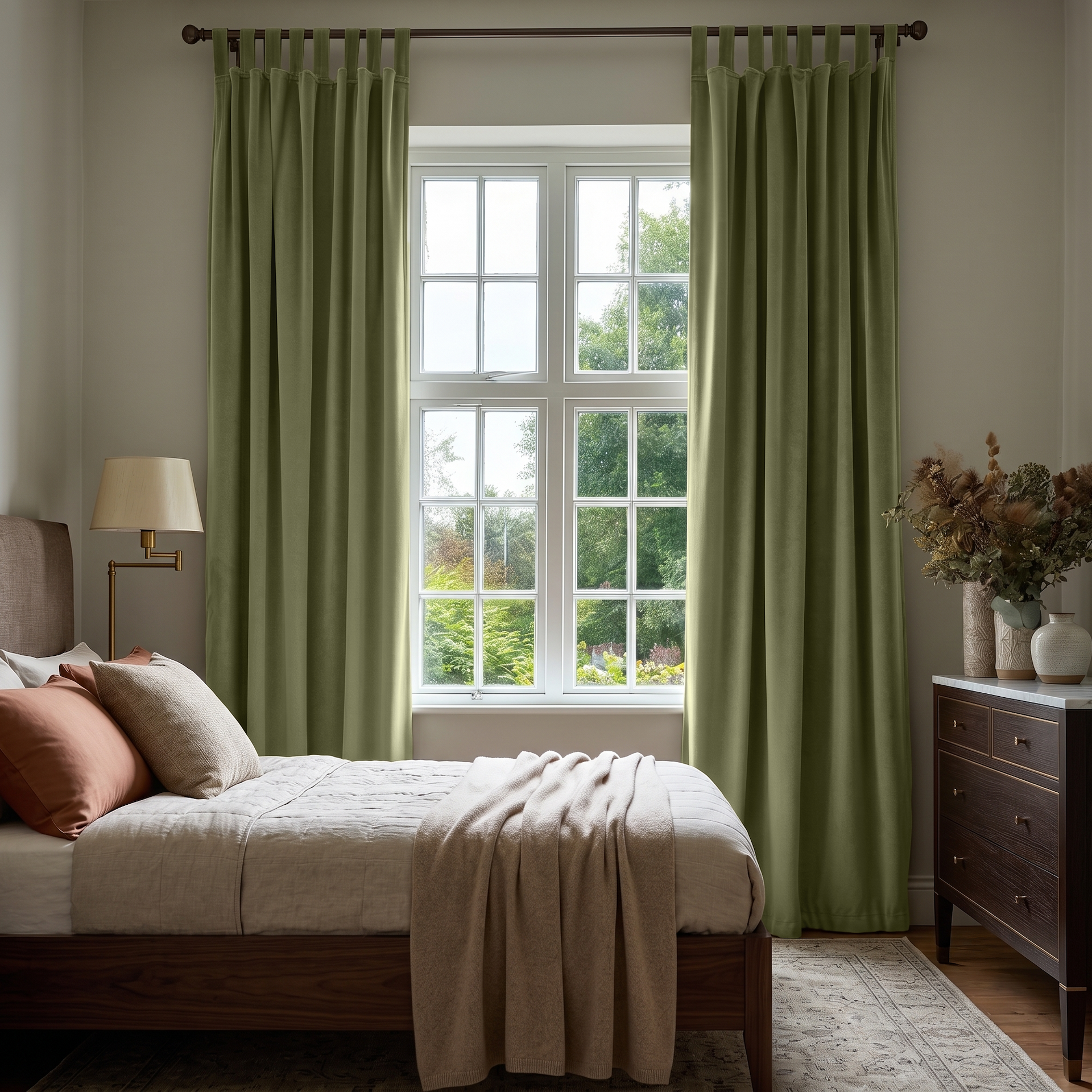 Olive Green Velvet Tab Top Curtains in a Cozy Bedroom with White Bedding and a Dark Wood Dresser