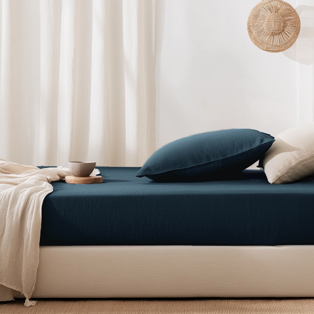 Peacock Blue Washed Linen Deep Pocket Fitted Sheet