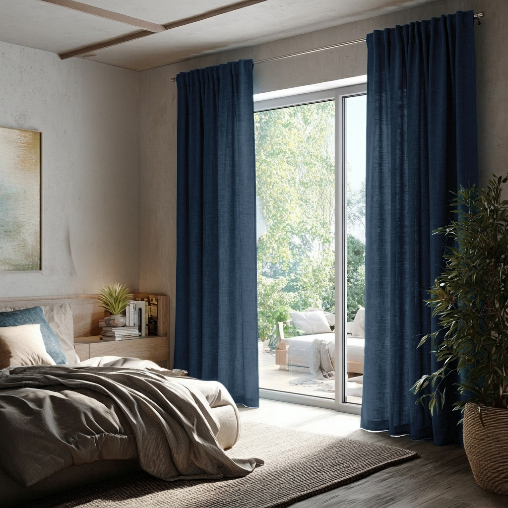 Peacock Blue Linen Back Tab Curtains for Sliding Doors in a Bedroom with Light Grey Walls
@Heading: Back Tabs