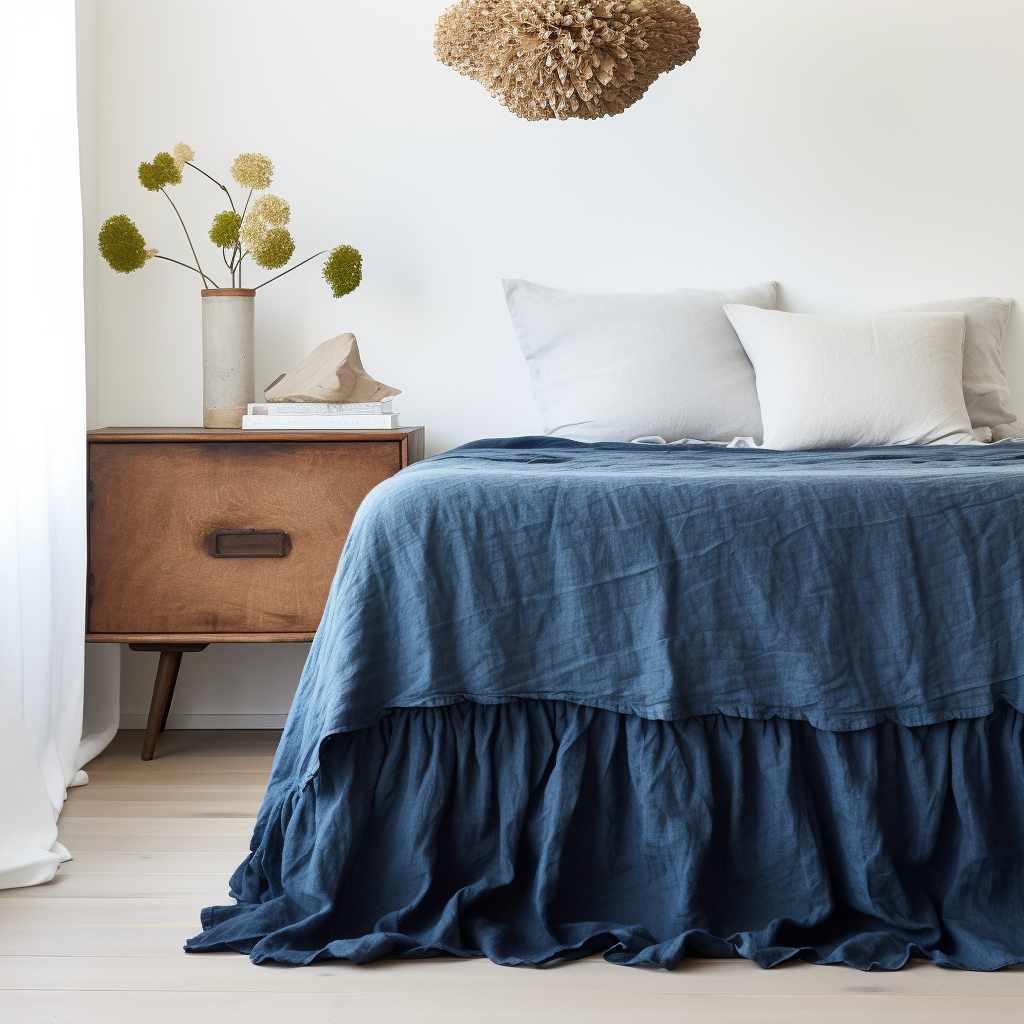 Peacock Blue Linen Bed Skirt with Gathered Ruffles