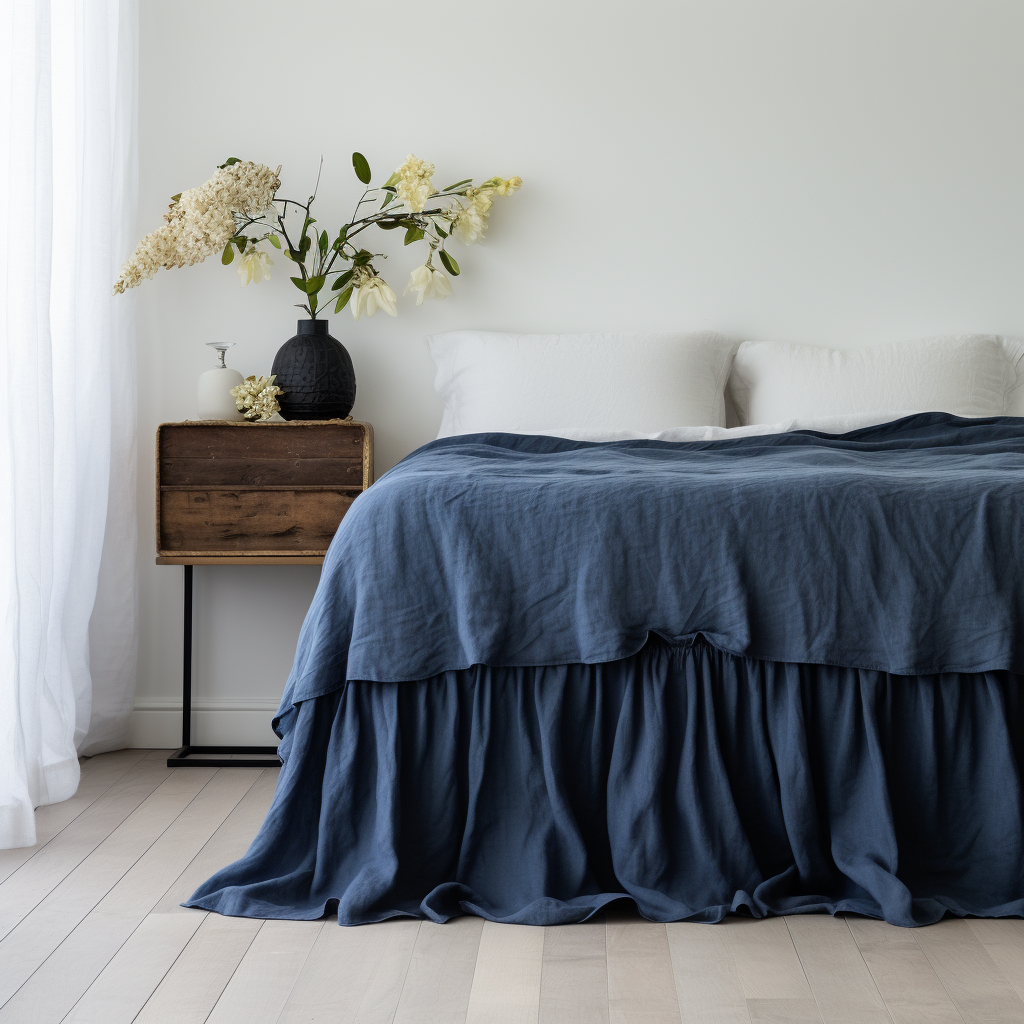 Peacock Blue Linen Bed Skirt with Gathered Ruffles