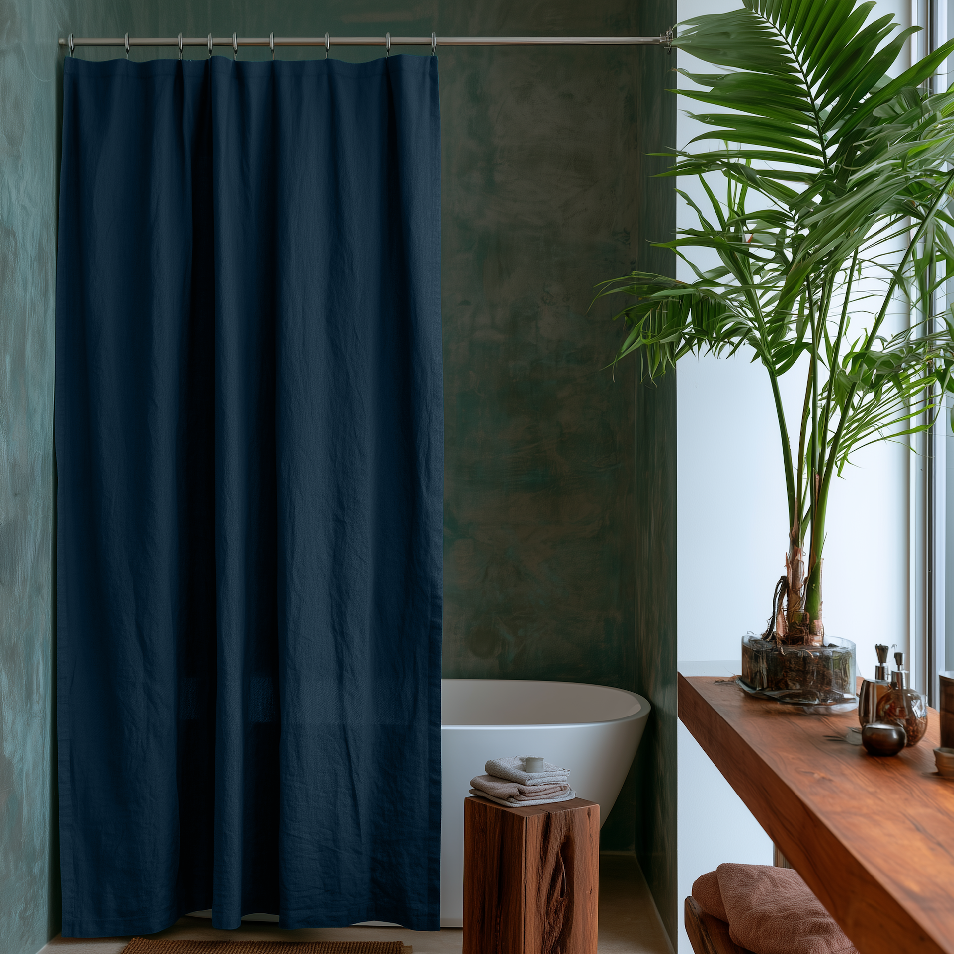 Peacock Blue Linen Button-Hole Top Weighted Shower Curtain in a Sunlit Bathroom Filled with Warm Wood Textures