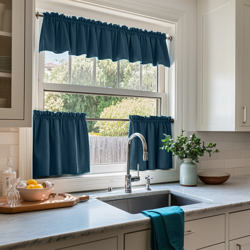Peacock Blue Linen Kitchen Curtains Set