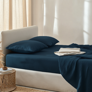 Peacock Blue Washed Linen Deep Pocket Fitted Sheet
