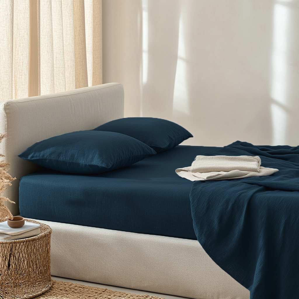 Peacock Blue Washed Linen Deep Pocket Fitted Sheet