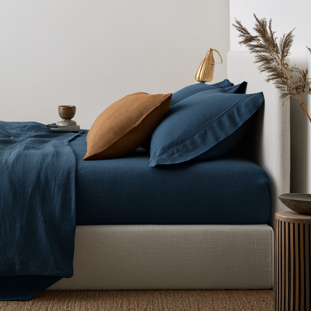 Peacock Blue Washed Linen Deep Pocket Fitted Sheet