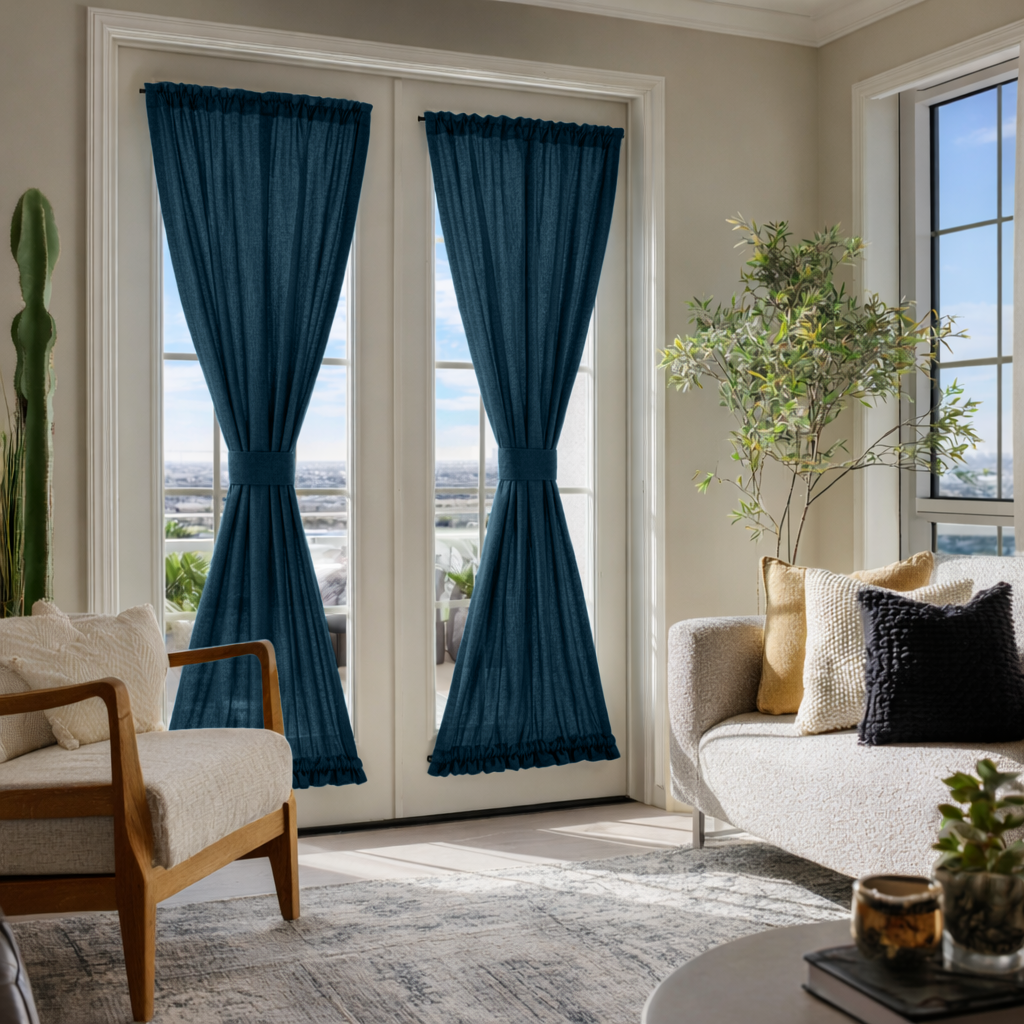Peacock Blue Linen French Door Curtains