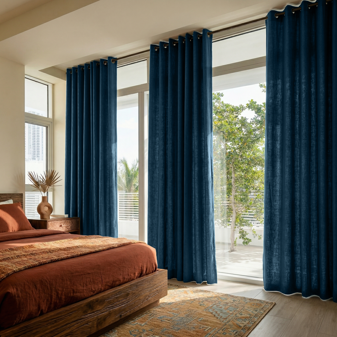 Peacock Blue Linen Grommet Curtains in a Sunlit Bedroom with Cream Walls - Cotton Lining