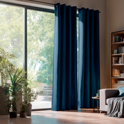 Peacock Blue Linen Grommet Curtains for Sliding Doors in a Living Room with Beige Walls
@Heading: Grommets