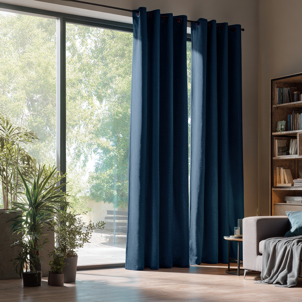 Peacock Blue Linen Grommet Curtains for Sliding Doors in a Living Room with Beige Walls
@Heading: Grommets