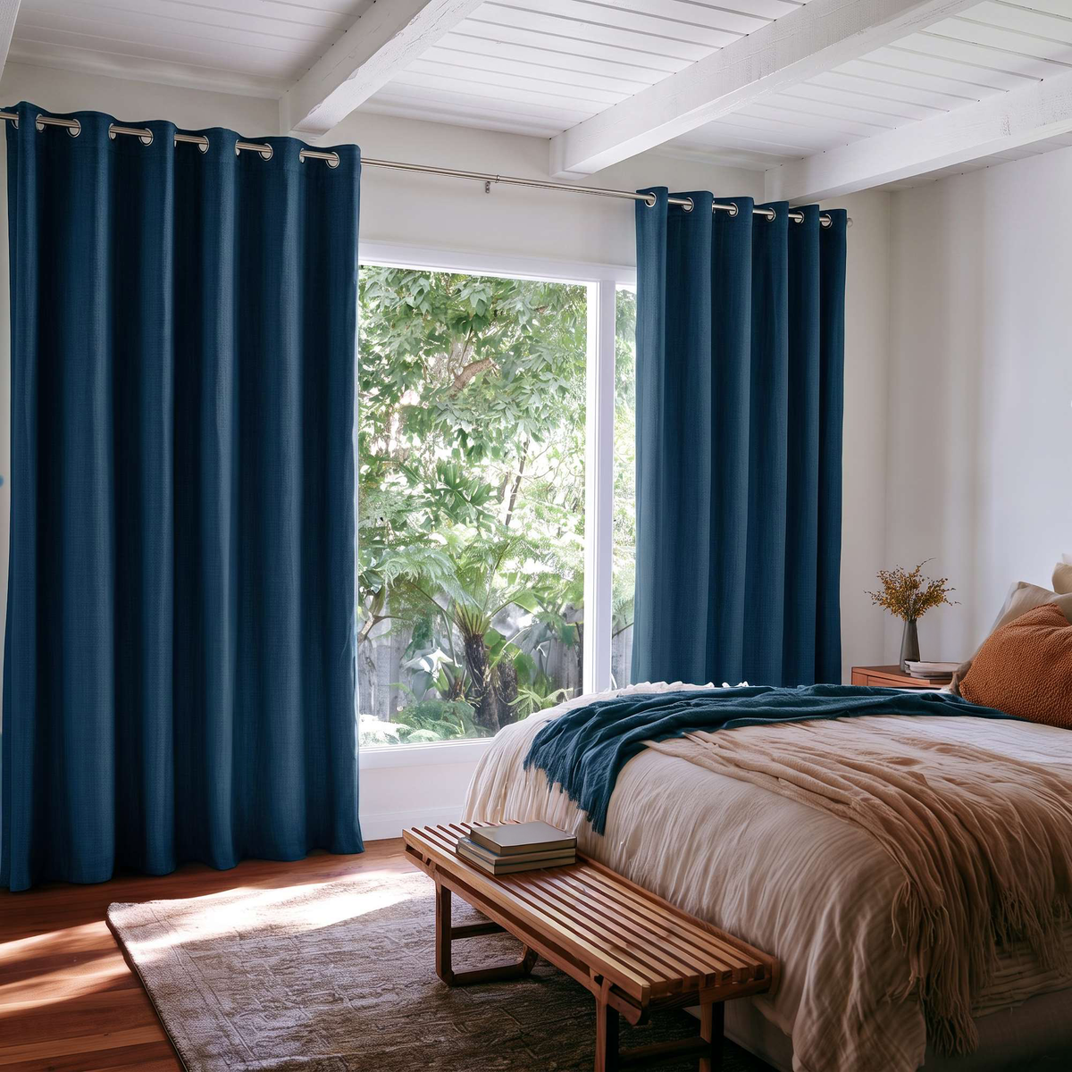 Peacock Blue Linen Grommet Extra Long Curtains in a Modern Bedroom with White Beamed Ceiling and Garden View