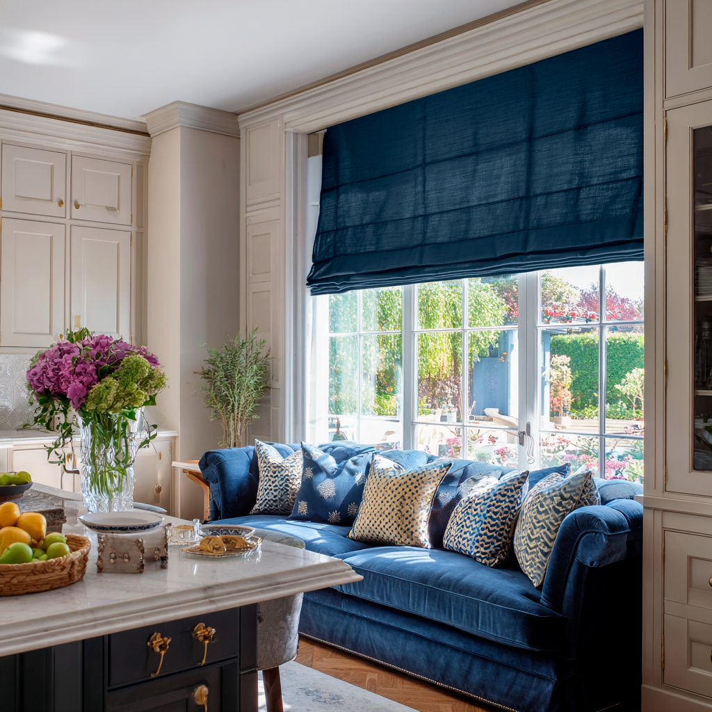 Peacock Blue Linen Roman Shades in an Elegant Kitchen with Cream Cabinetry - Cotton Lining