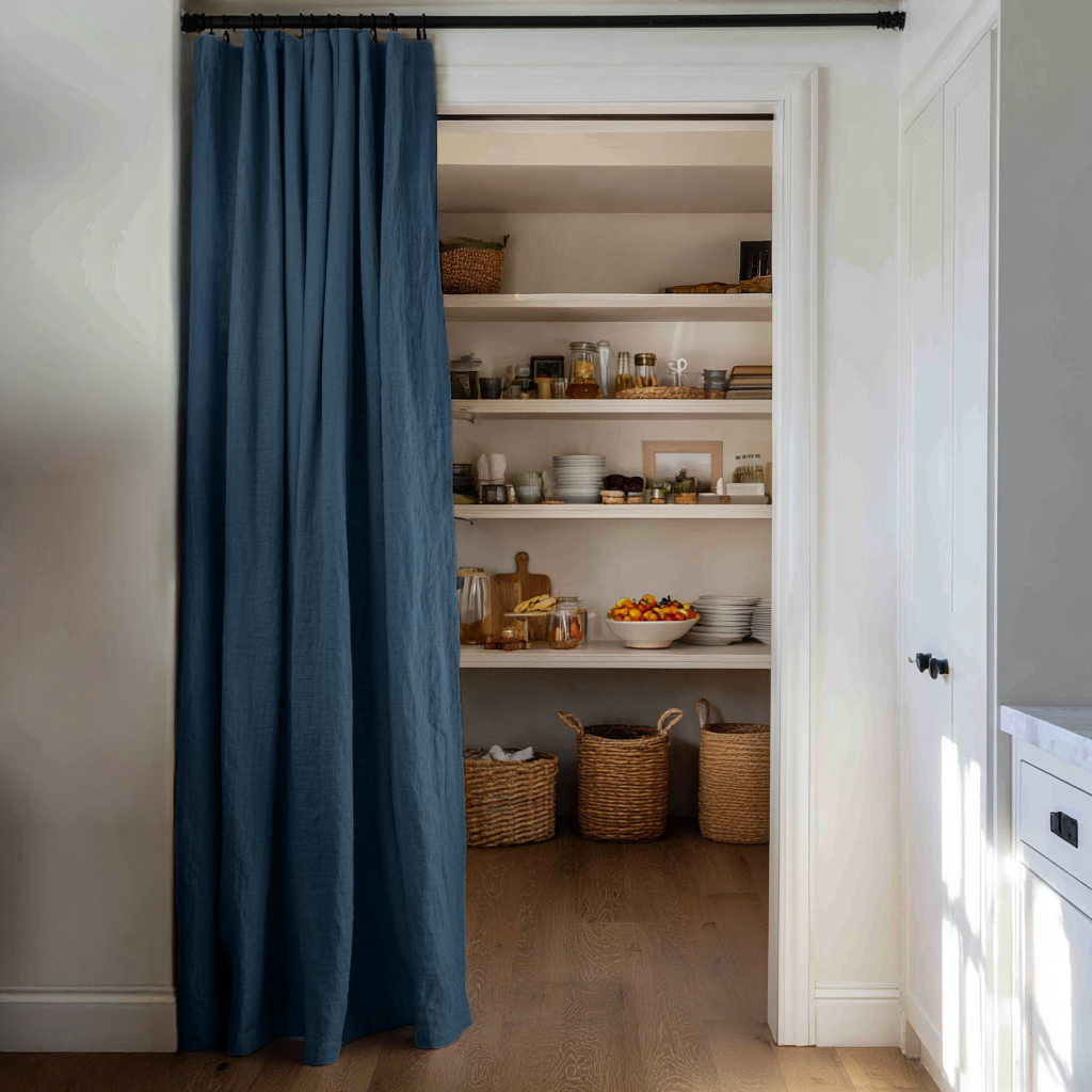 Peacock Blue Linen Doorway Curtains with Multitape