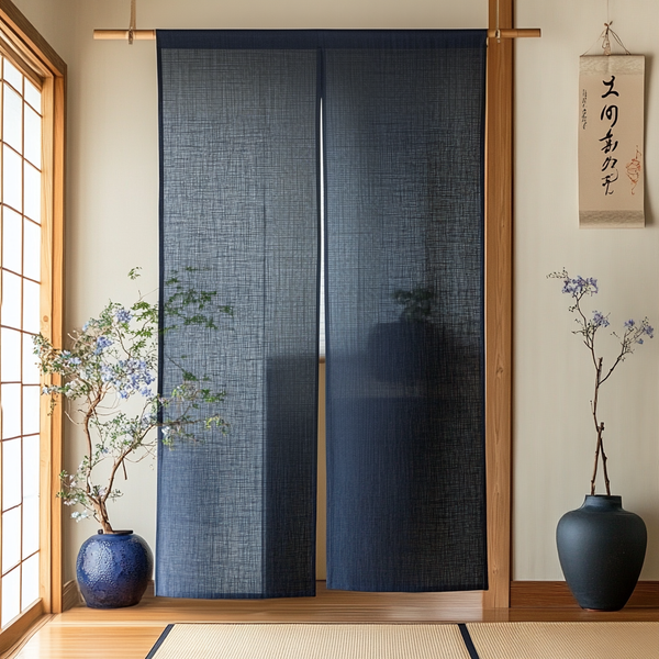 Peacock Blue Linen Noren Curtain - Japanese Curtains - Noren Drapes -