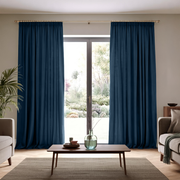 Peacock Blue Linen Pencil Pleat Extra Long Curtains in a Modern Living Room with Large Glass Door and Garden View
