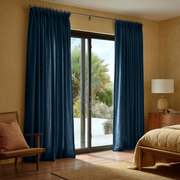 Peacock Blue Linen Pinch Pleat Curtains for Sliding Doors in a Bedroom with Ochre Yellow Walls
@Heading: Pinch Pleat
