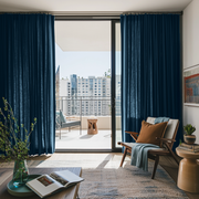 Peacock Blue Linen S-Fold Curtains for Sliding Doors in a Living Room with Off-White Walls
@Heading: S-Fold