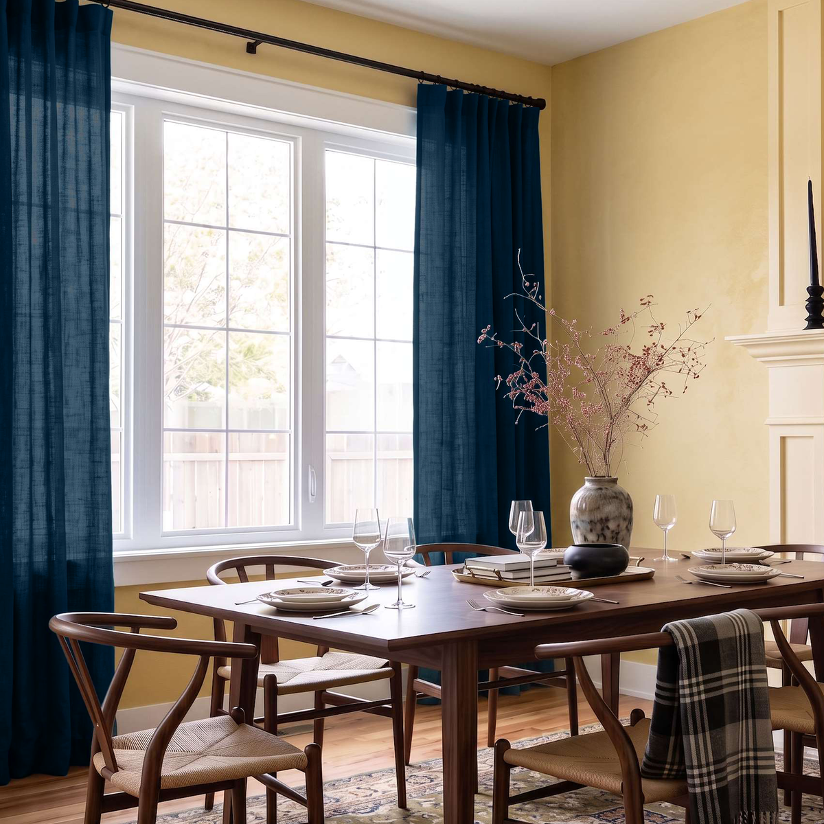 Floor-length deep blue curtains frame a large window in a yellow dining room with a wooden table set with plates and wine glasses, woven-seat chairs, and a vase of branches