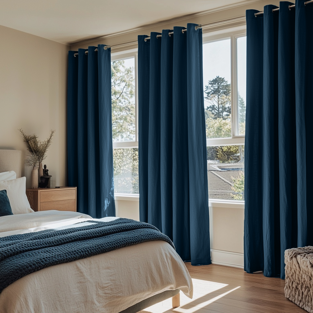 Peacock Blue Linen Thermal Grommet Curtains